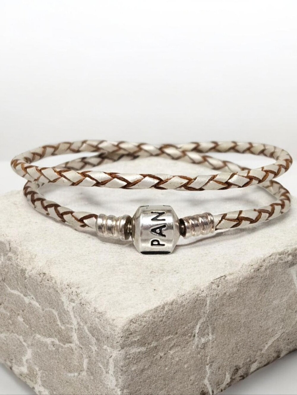 PANDORA Double Champagne Leather Bracelet With Sterling Silver Logo Clasp